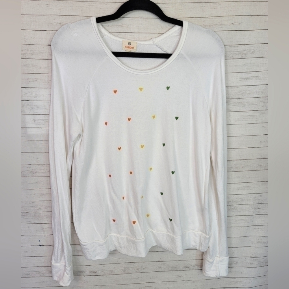 SUNDRY ARITZIA RAINBOW HEARTS SWEATSHIRT, SZ 0